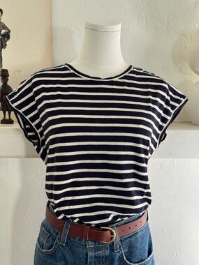 Alex Mill Navy Ivory Stripe Tee Small | Muscle Sleeve Cotton Top